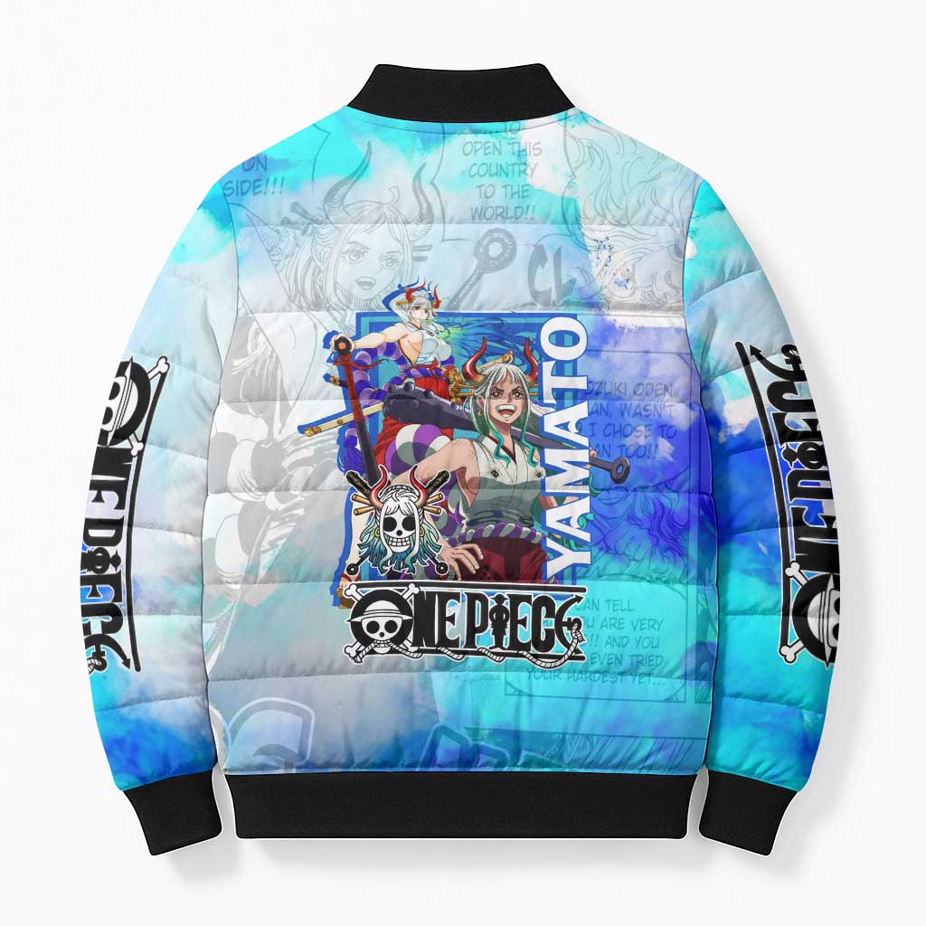 Yamato One Piece Blue Cloud Theme Bomber Puffer Jacket with Manga Panels and Oni Horn Character Design - The Mazicc