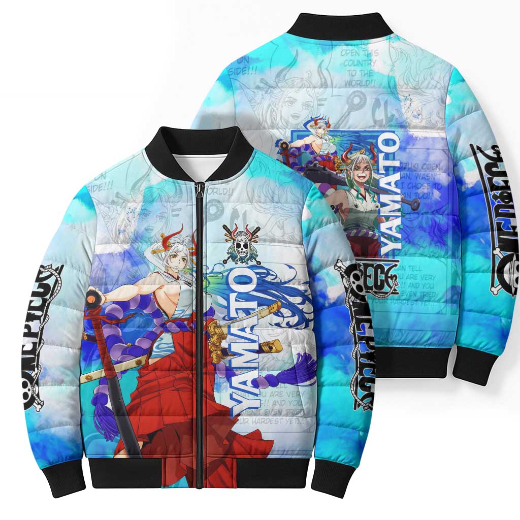Yamato One Piece Blue Cloud Theme Bomber Puffer Jacket with Manga Panels and Oni Horn Character Design - The Mazicc