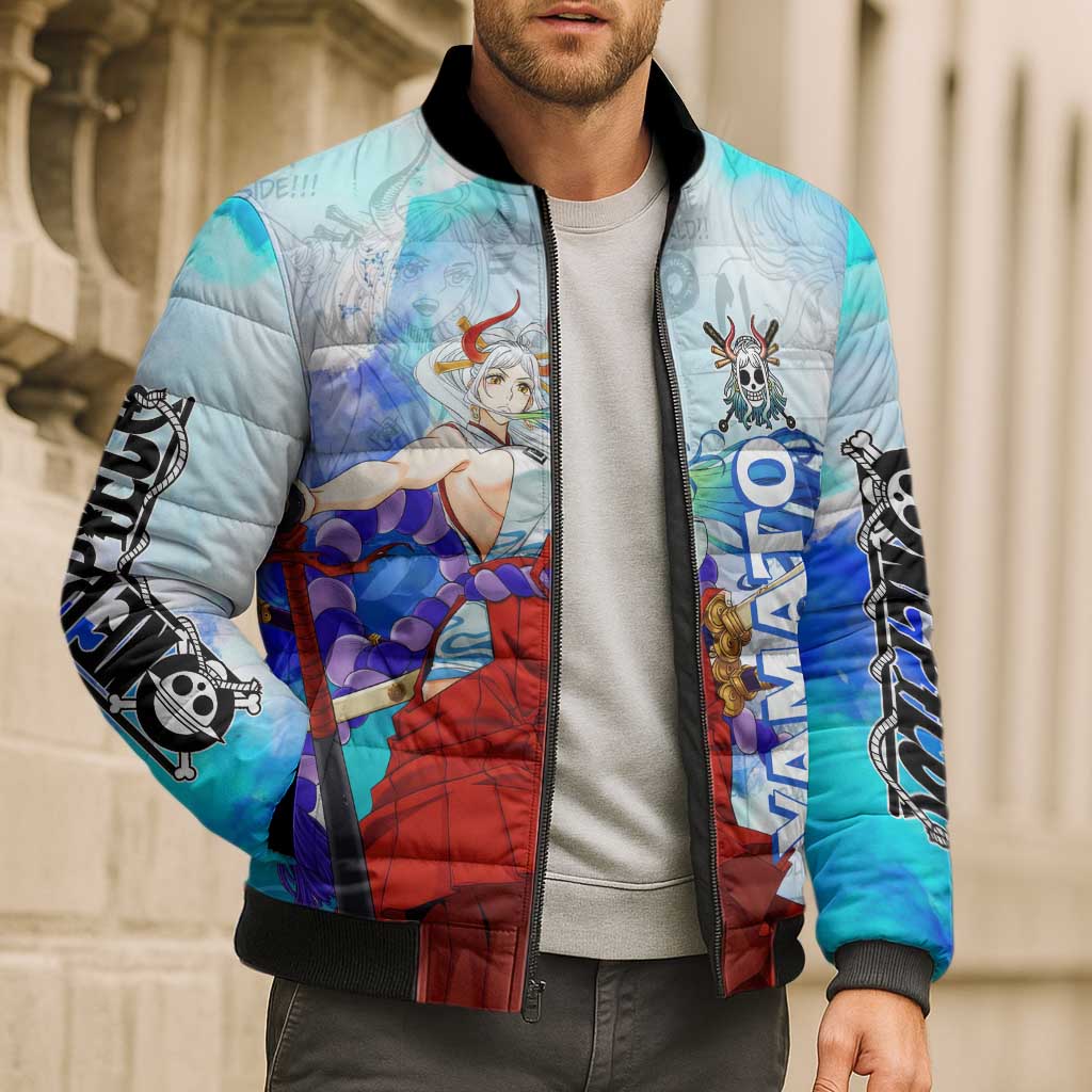 Yamato One Piece Blue Cloud Theme Bomber Puffer Jacket with Manga Panels and Oni Horn Character Design - The Mazicc