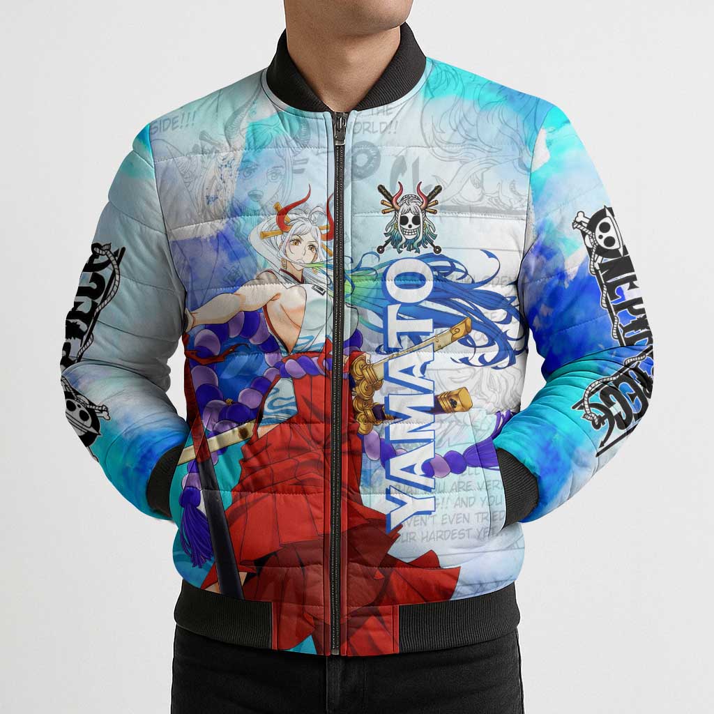 Yamato One Piece Blue Cloud Theme Bomber Puffer Jacket with Manga Panels and Oni Horn Character Design - The Mazicc
