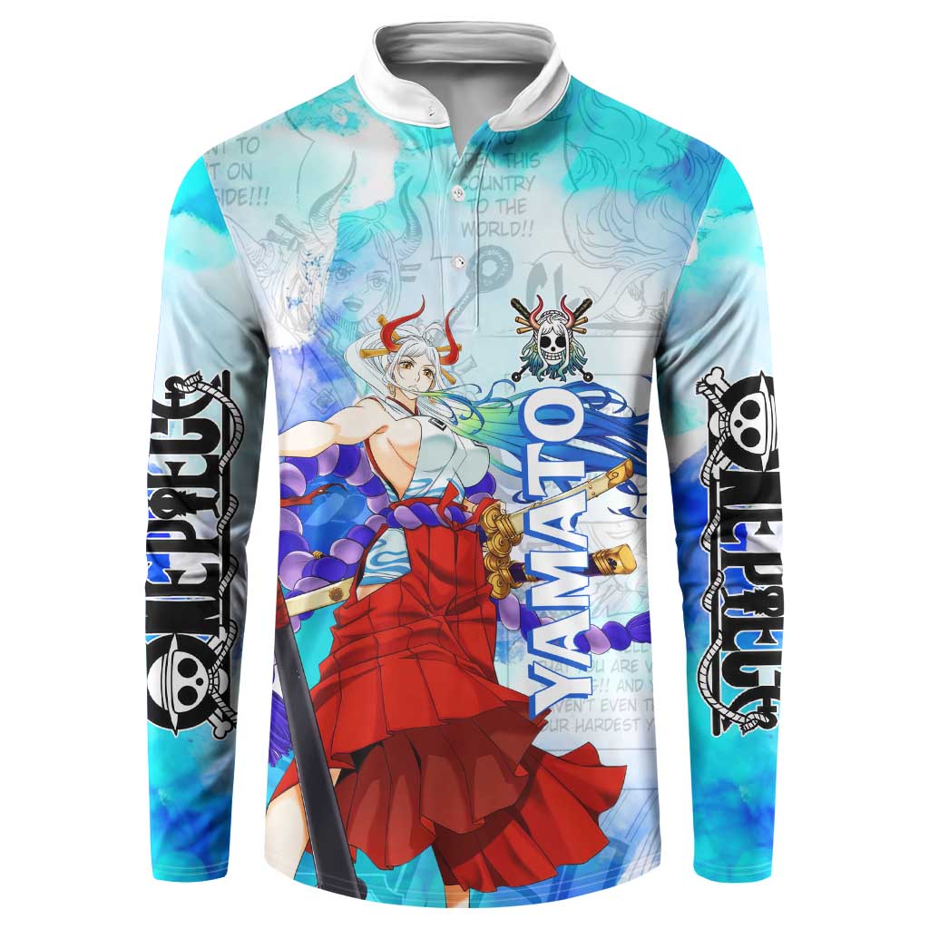Yamato One Piece Blue Cloud Theme Button Sweatshirt with Manga Panels and Oni Horn Character Design - The Mazicc