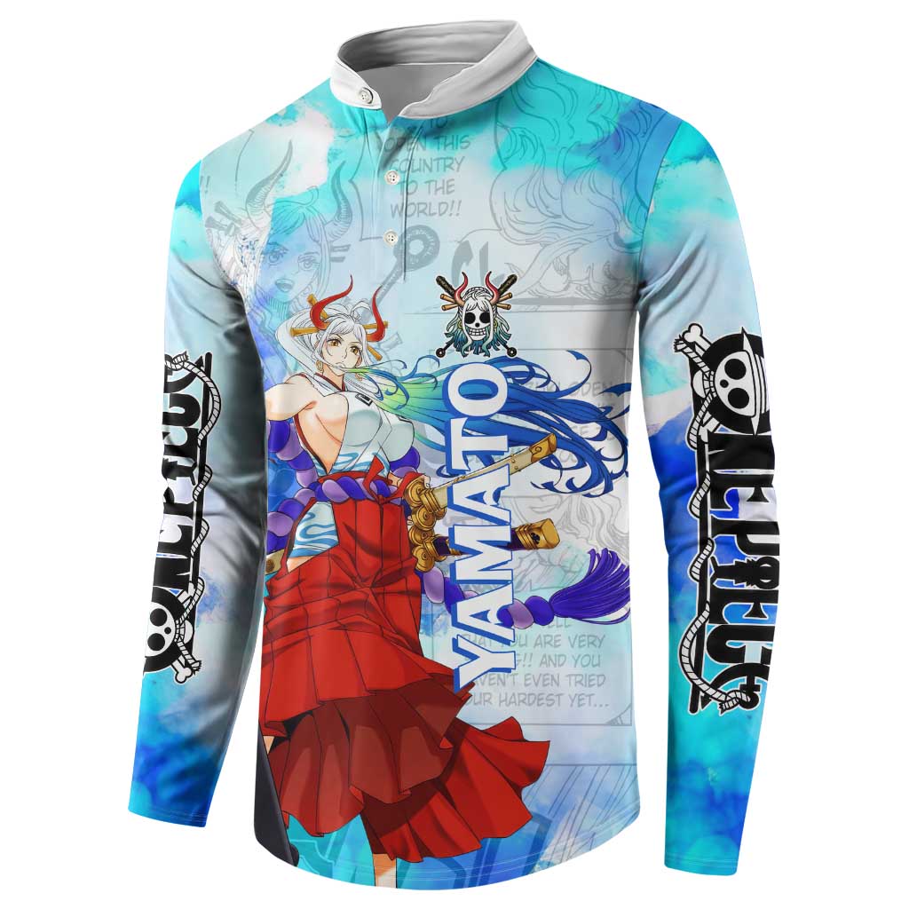 Yamato One Piece Blue Cloud Theme Button Sweatshirt with Manga Panels and Oni Horn Character Design - The Mazicc