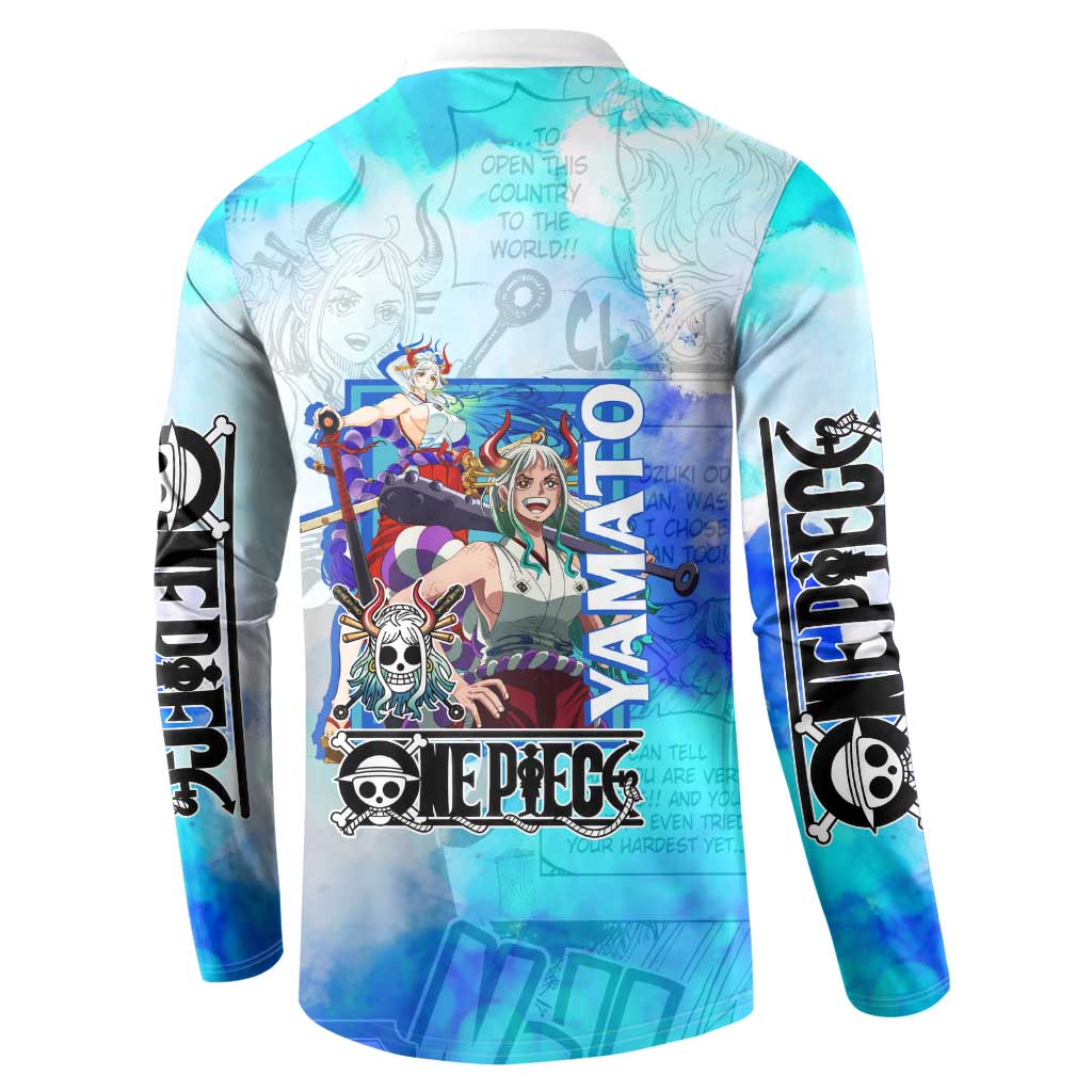 Yamato One Piece Blue Cloud Theme Button Sweatshirt with Manga Panels and Oni Horn Character Design - The Mazicc
