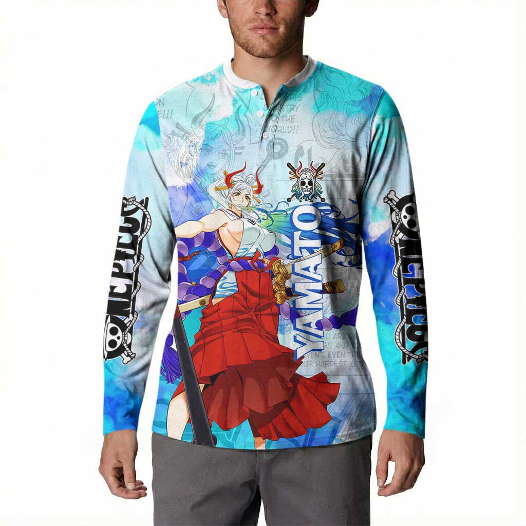 Yamato One Piece Blue Cloud Theme Button Sweatshirt with Manga Panels and Oni Horn Character Design - The Mazicc