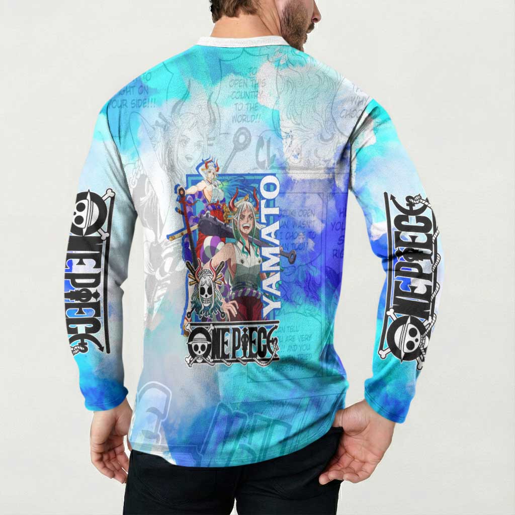 Yamato One Piece Blue Cloud Theme Button Sweatshirt with Manga Panels and Oni Horn Character Design - The Mazicc