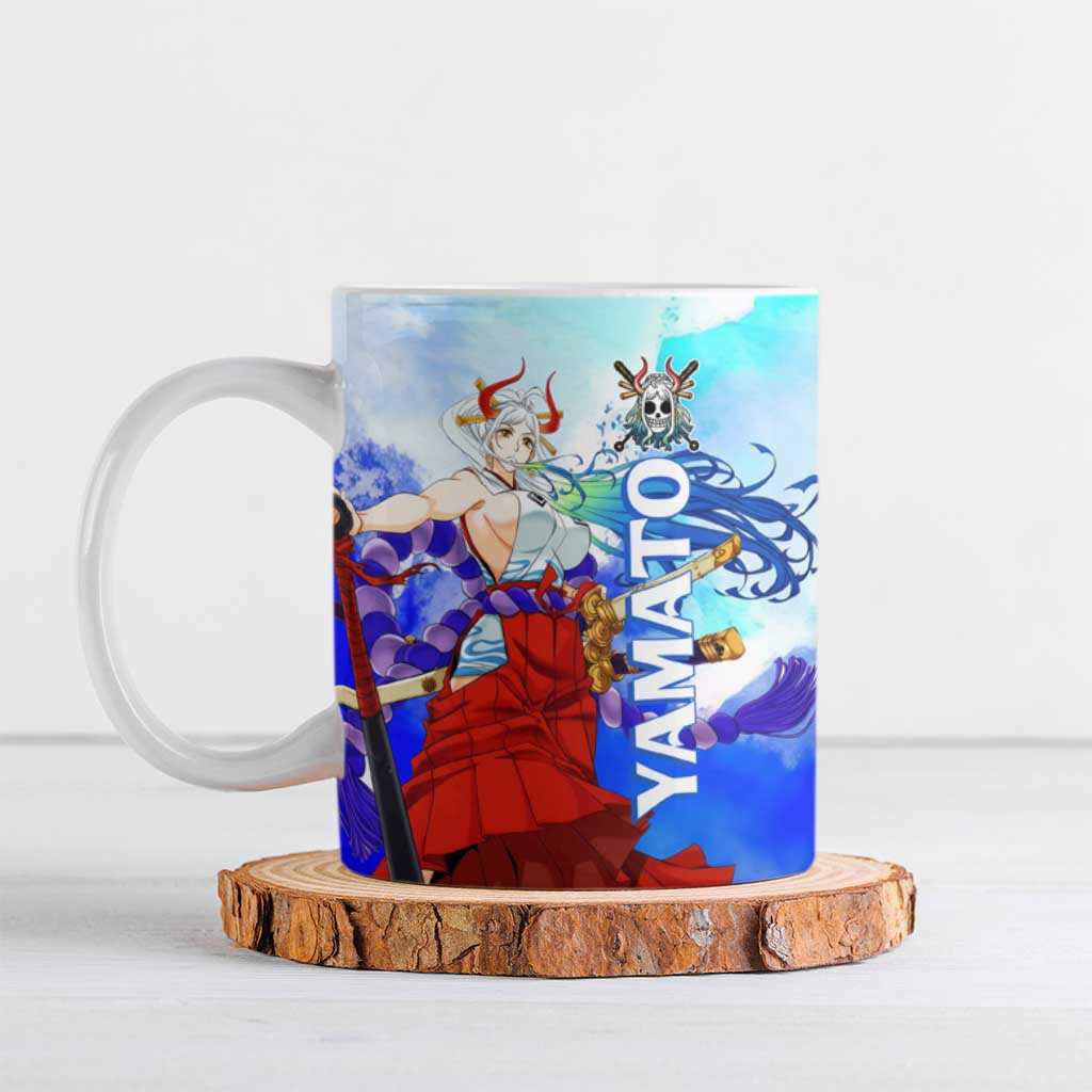Yamato One Piece Blue Cloud Theme Ceramic Mug with Manga Panels and Oni Horn Character Design - The Mazicc