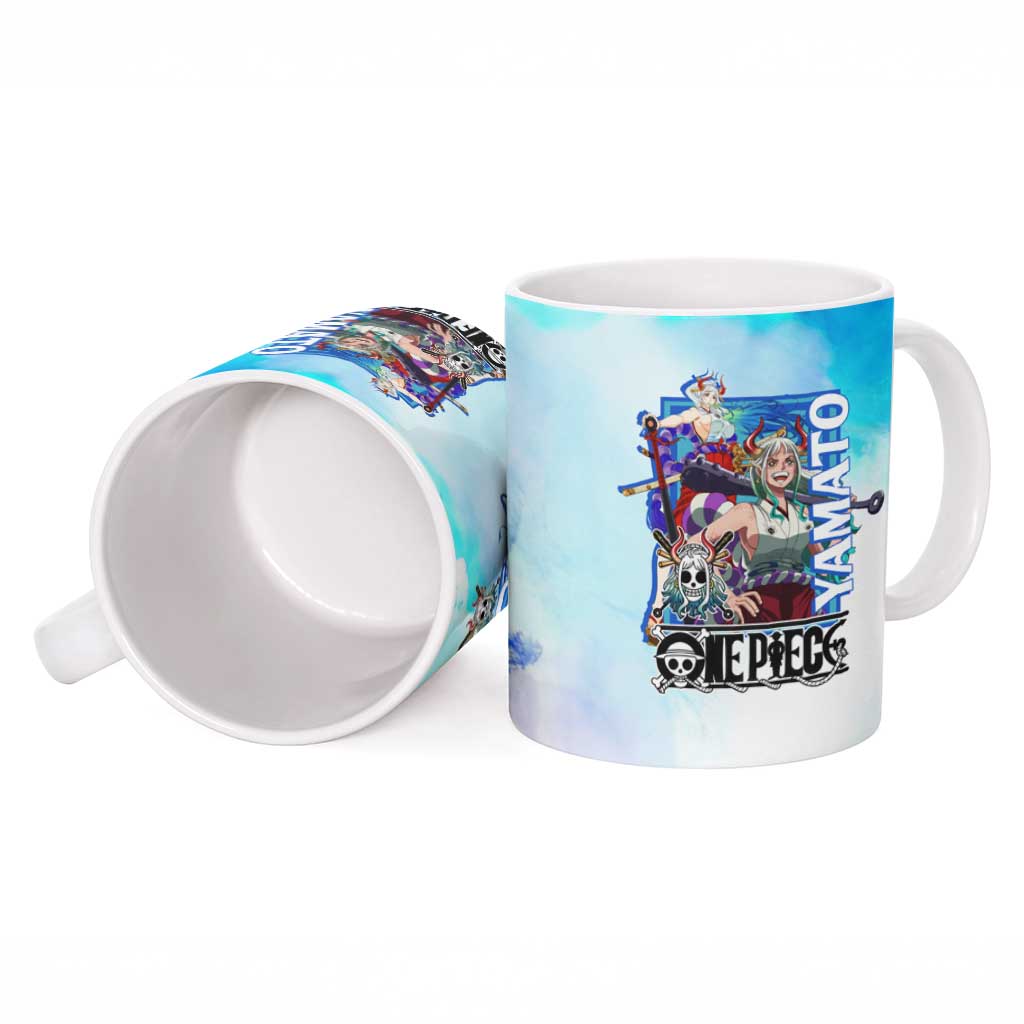 Yamato One Piece Blue Cloud Theme Ceramic Mug with Manga Panels and Oni Horn Character Design - The Mazicc