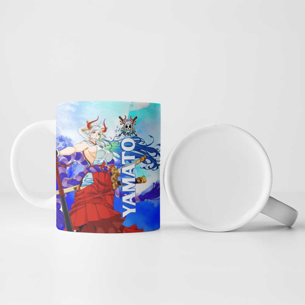 Yamato One Piece Blue Cloud Theme Ceramic Mug with Manga Panels and Oni Horn Character Design - The Mazicc
