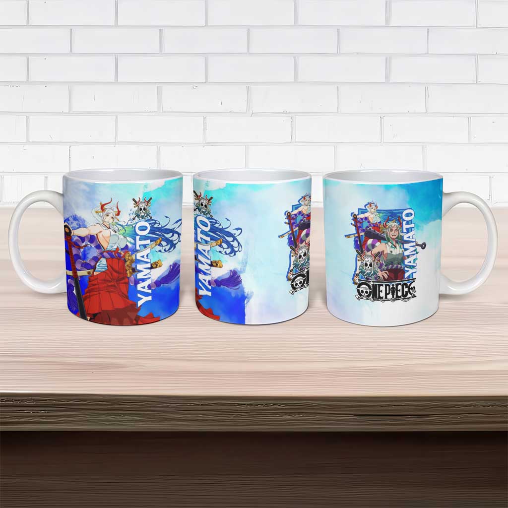 Yamato One Piece Blue Cloud Theme Ceramic Mug with Manga Panels and Oni Horn Character Design - The Mazicc