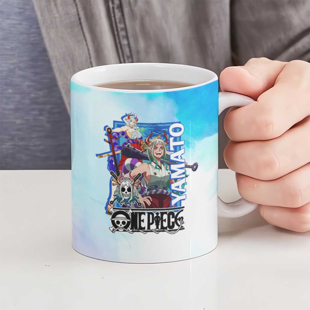 Yamato One Piece Blue Cloud Theme Ceramic Mug with Manga Panels and Oni Horn Character Design - The Mazicc