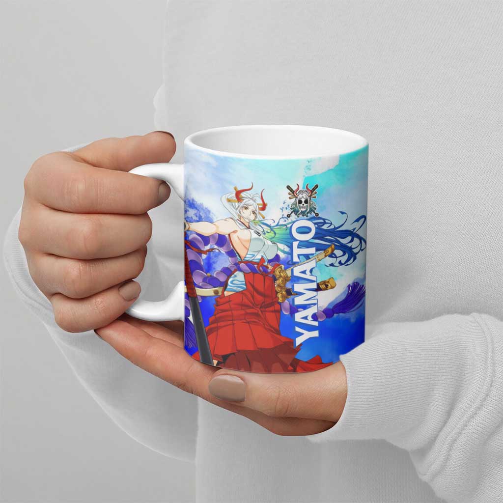 Yamato One Piece Blue Cloud Theme Ceramic Mug with Manga Panels and Oni Horn Character Design - The Mazicc