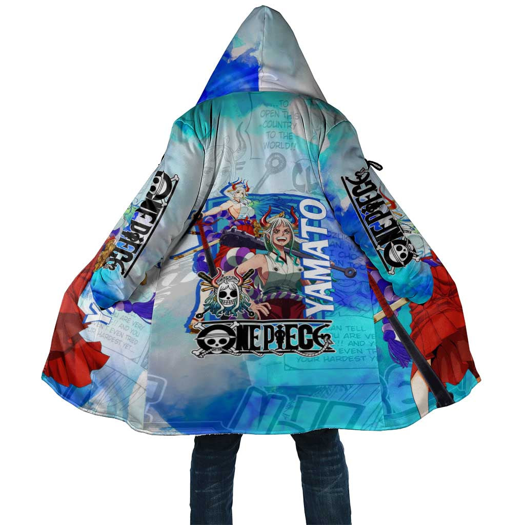 Yamato One Piece Blue Cloud Theme Cloak with Manga Panels and Oni Horn Character Design - The Mazicc