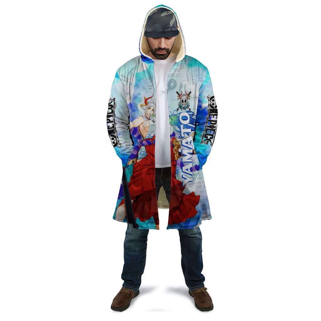Yamato One Piece Blue Cloud Theme Cloak with Manga Panels and Oni Horn Character Design - The Mazicc