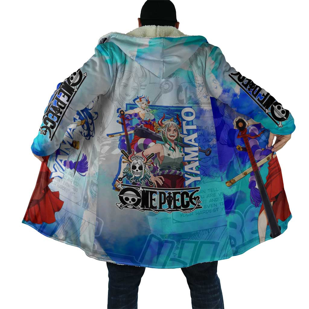 Yamato One Piece Blue Cloud Theme Cloak with Manga Panels and Oni Horn Character Design - The Mazicc