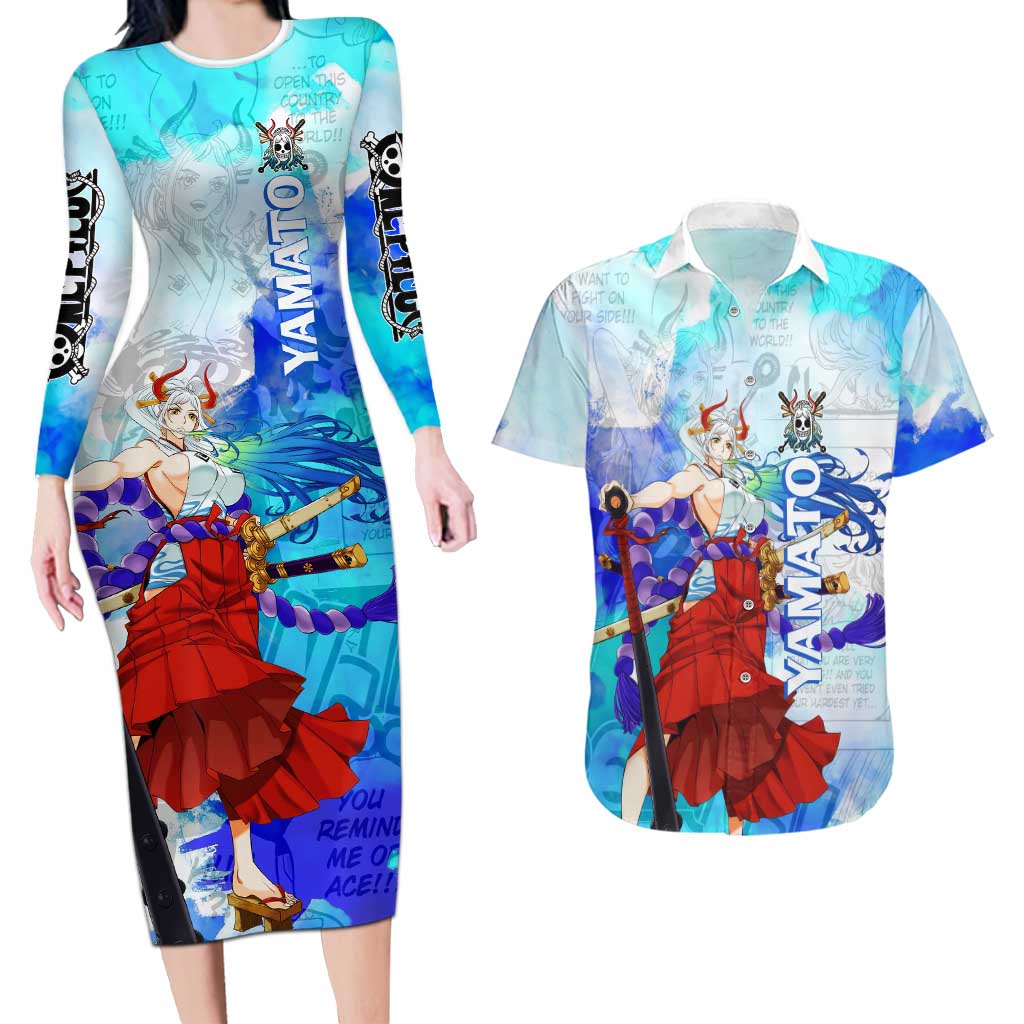 Yamato One Piece Blue Cloud Theme Couples Matching Long Sleeve Bodycon Dress and Hawaiian Shirt with Manga Panels and Oni Horn Character Design - The Mazicc