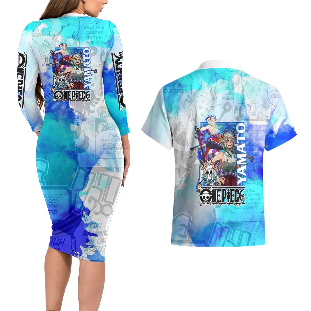 Yamato One Piece Blue Cloud Theme Couples Matching Long Sleeve Bodycon Dress and Hawaiian Shirt with Manga Panels and Oni Horn Character Design - The Mazicc