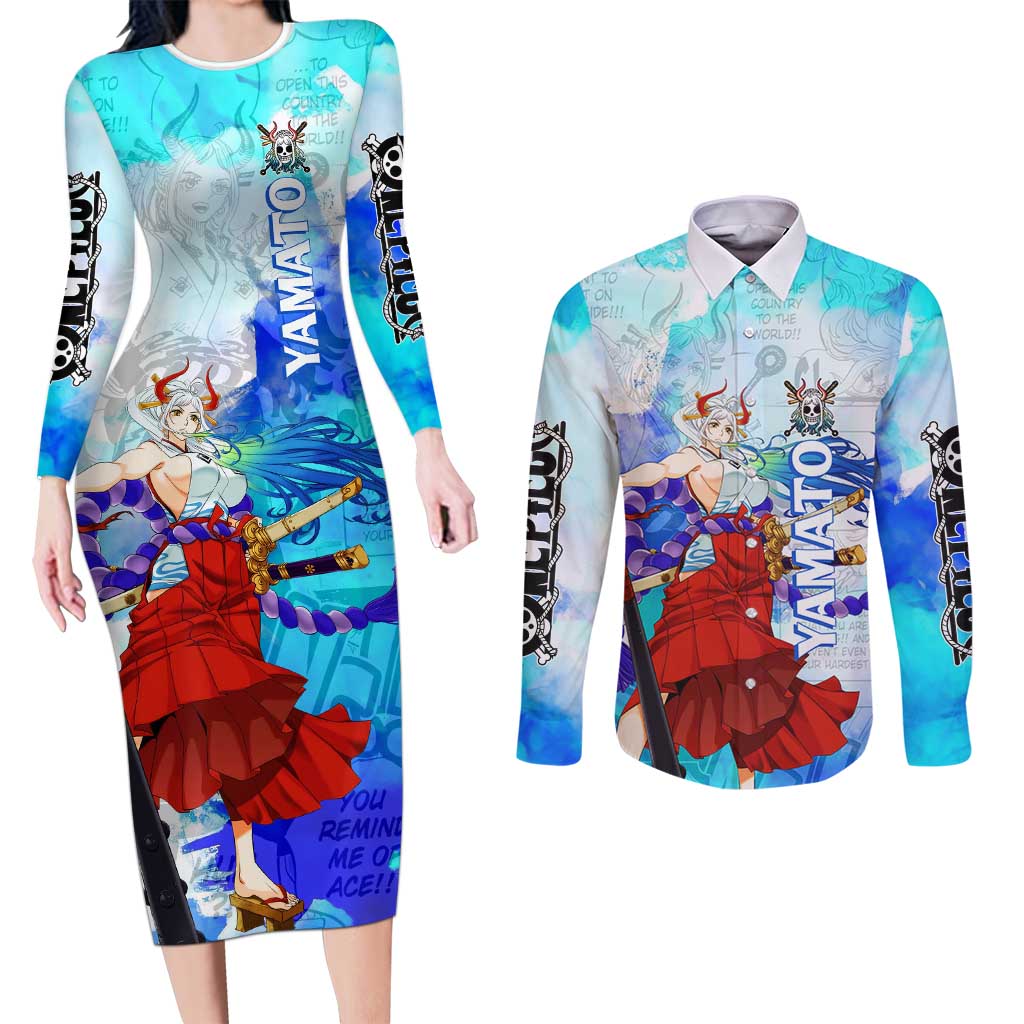 Yamato One Piece Blue Cloud Theme Couples Matching Long Sleeve Bodycon Dress and Long Sleeve Button Shirt with Manga Panels and Oni Horn Character Design - The Mazicc
