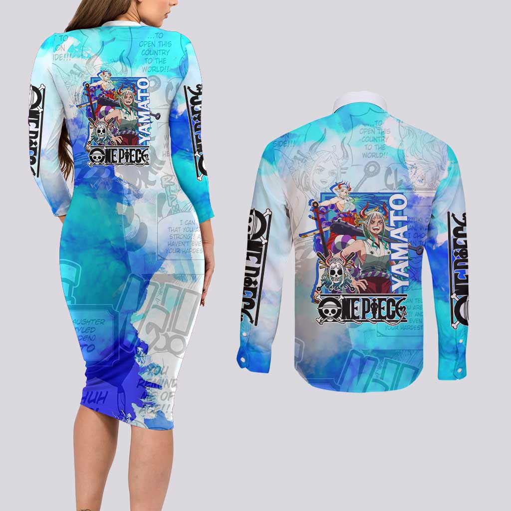 Yamato One Piece Blue Cloud Theme Couples Matching Long Sleeve Bodycon Dress and Long Sleeve Button Shirt with Manga Panels and Oni Horn Character Design - The Mazicc