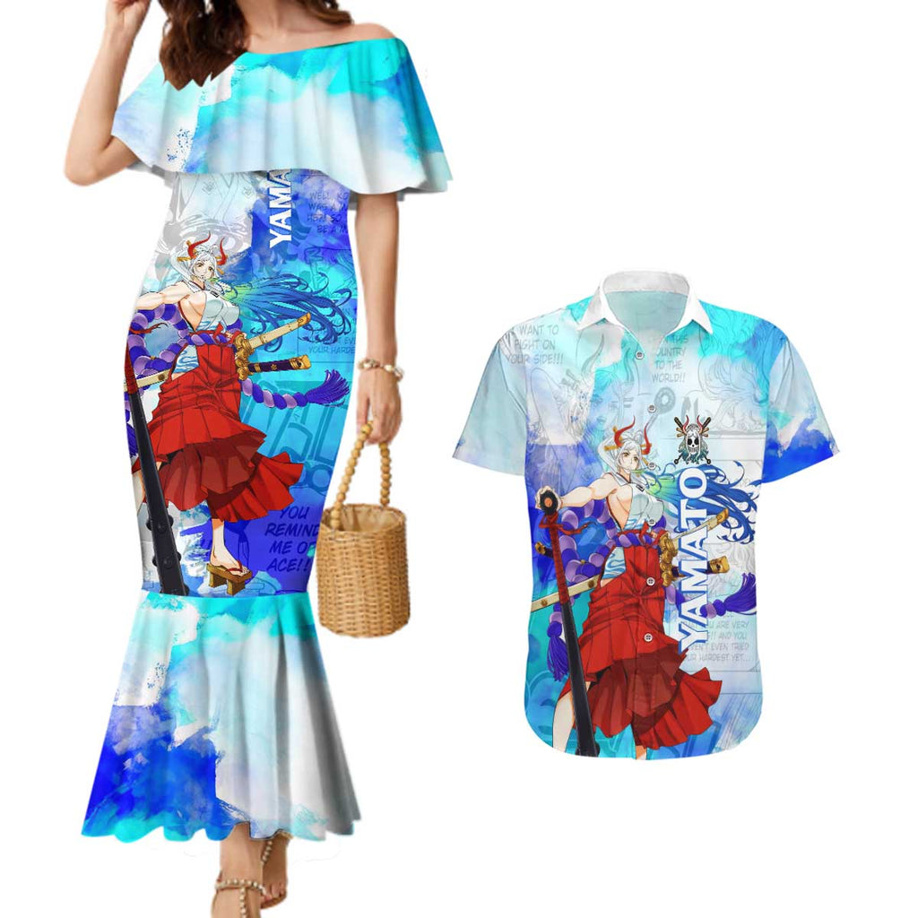 Yamato One Piece Blue Cloud Theme Couples Matching Mermaid Dress and Hawaiian Shirt with Manga Panels and Oni Horn Character Design - The Mazicc