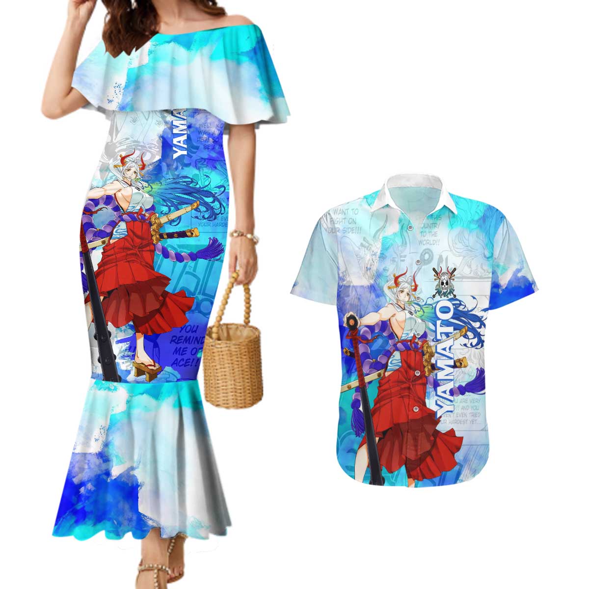 Yamato One Piece Blue Cloud Theme Couples Matching Mermaid Dress and Hawaiian Shirt with Manga Panels and Oni Horn Character Design - The Mazicc