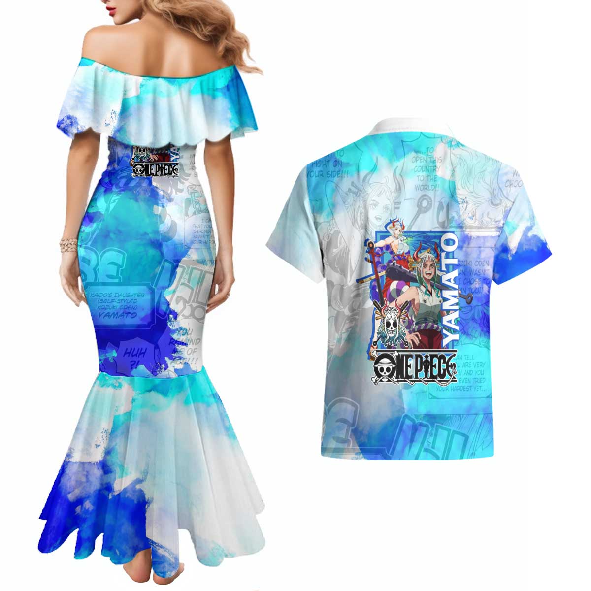 Yamato One Piece Blue Cloud Theme Couples Matching Mermaid Dress and Hawaiian Shirt with Manga Panels and Oni Horn Character Design - The Mazicc
