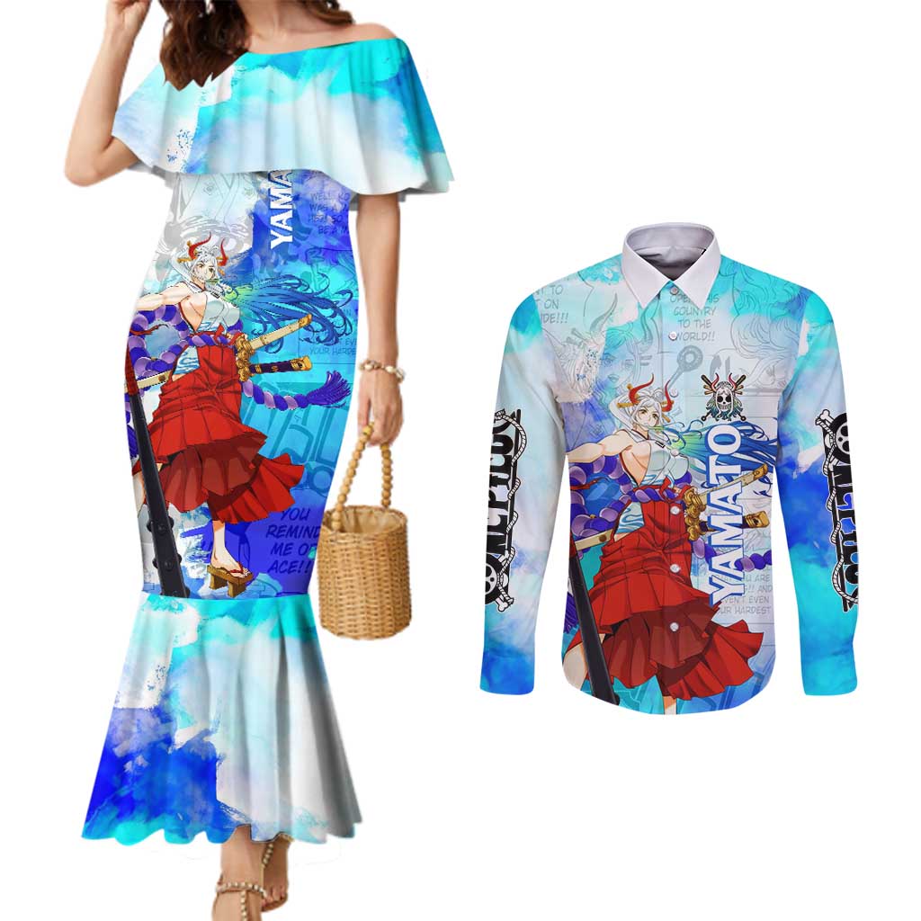 Yamato One Piece Blue Cloud Theme Couples Matching Mermaid Dress and Long Sleeve Button Shirt with Manga Panels and Oni Horn Character Design - The Mazicc