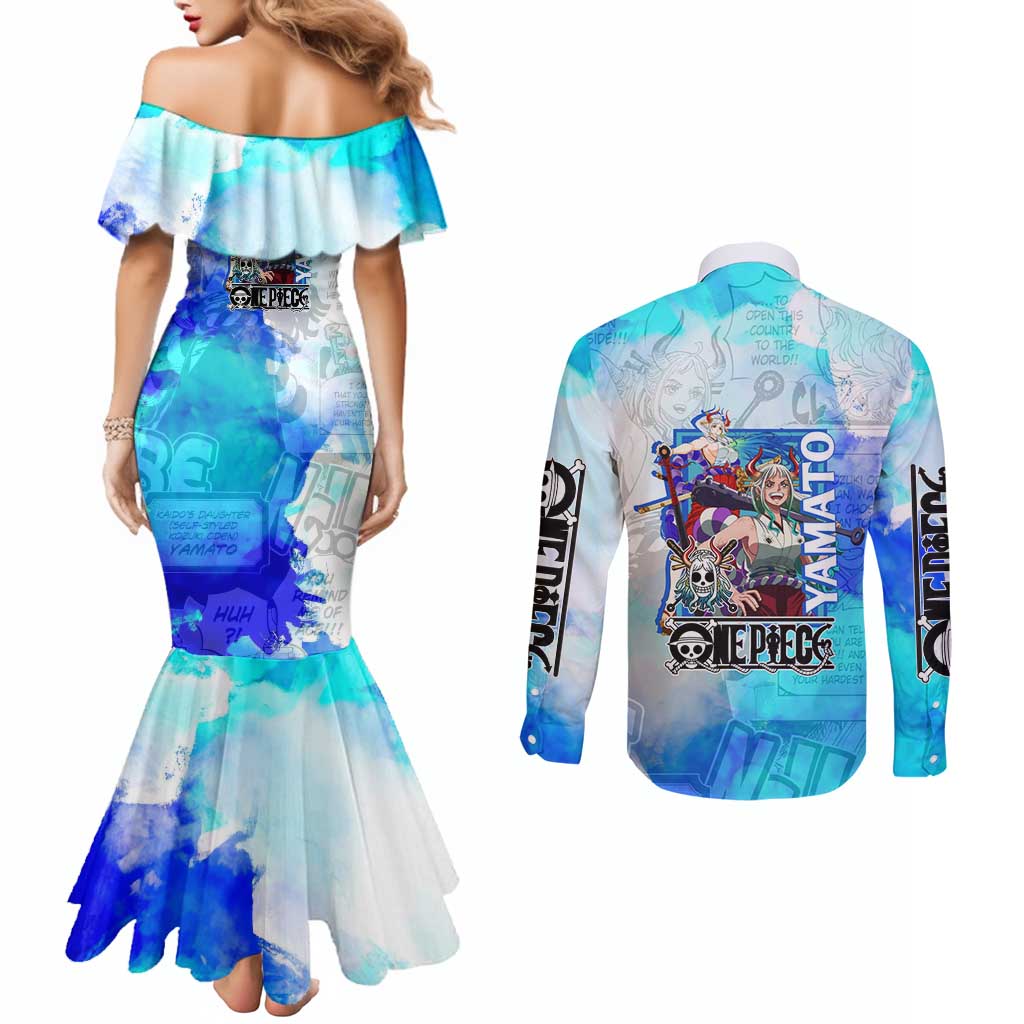 Yamato One Piece Blue Cloud Theme Couples Matching Mermaid Dress and Long Sleeve Button Shirt with Manga Panels and Oni Horn Character Design - The Mazicc