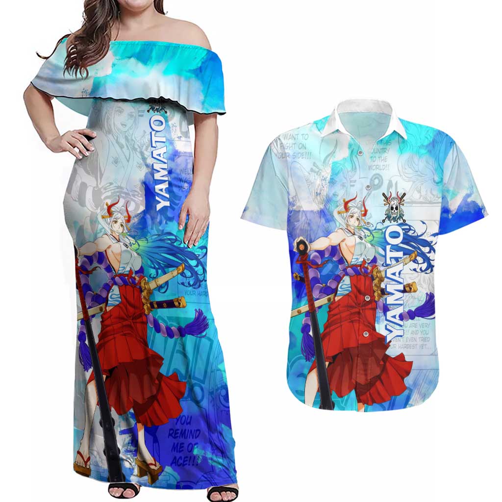 Yamato One Piece Blue Cloud Theme Couples Matching Off Shoulder Maxi Dress and Hawaiian Shirt with Manga Panels and Oni Horn Character Design - The Mazicc