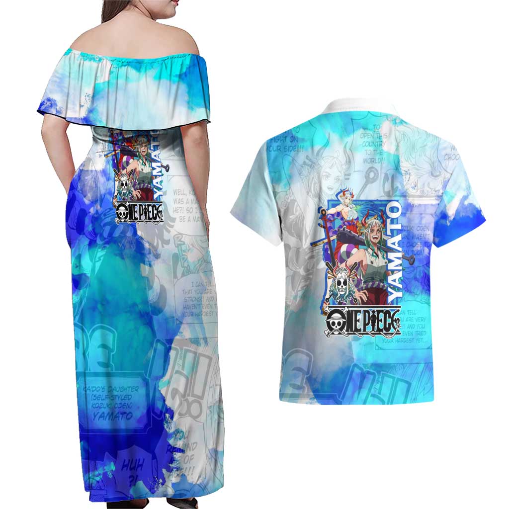 Yamato One Piece Blue Cloud Theme Couples Matching Off Shoulder Maxi Dress and Hawaiian Shirt with Manga Panels and Oni Horn Character Design - The Mazicc