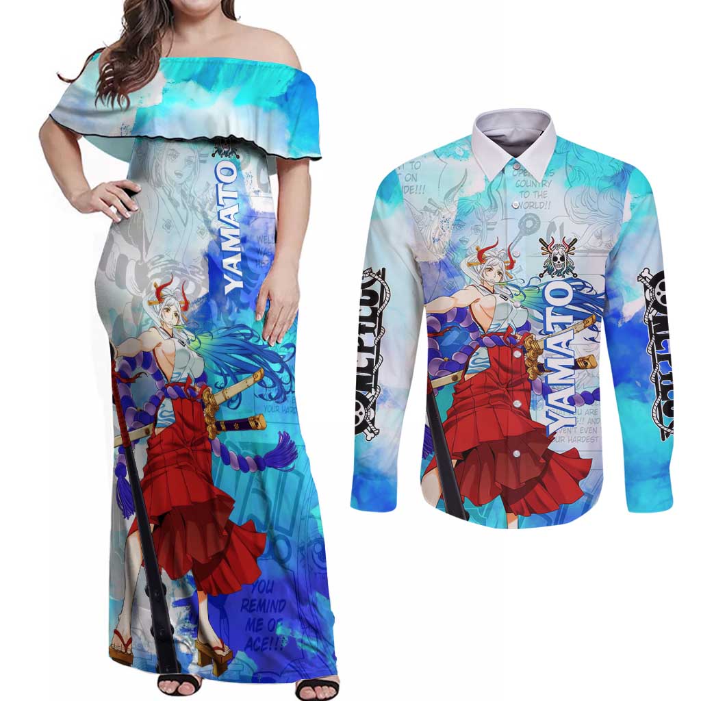 Yamato One Piece Blue Cloud Theme Couples Matching Off Shoulder Maxi Dress and Long Sleeve Button Shirt with Manga Panels and Oni Horn Character Design - The Mazicc