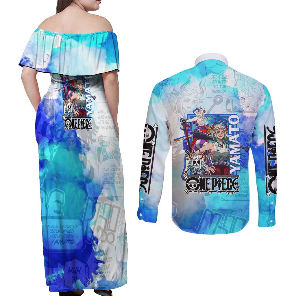 Yamato One Piece Blue Cloud Theme Couples Matching Off Shoulder Maxi Dress and Long Sleeve Button Shirt with Manga Panels and Oni Horn Character Design - The Mazicc