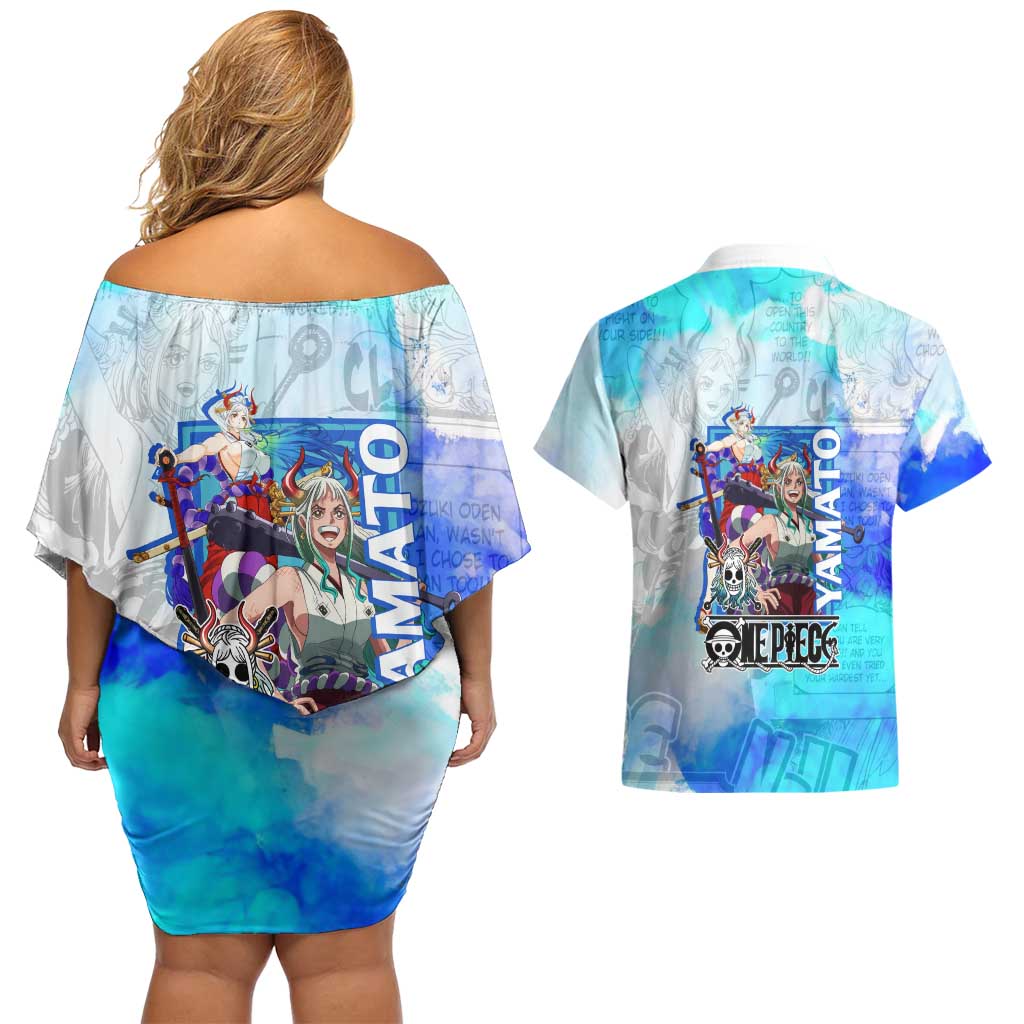 Yamato One Piece Blue Cloud Theme Couples Matching Off Shoulder Short Dress and Hawaiian Shirt with Manga Panels and Oni Horn Character Design - The Mazicc
