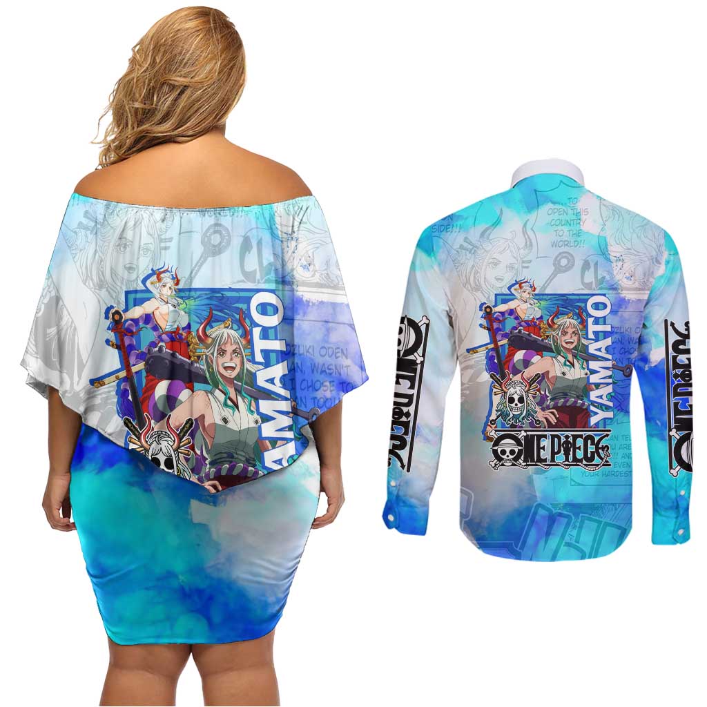 Yamato One Piece Blue Cloud Theme Couples Matching Off Shoulder Short Dress and Long Sleeve Button Shirt with Manga Panels and Oni Horn Character Design - The Mazicc