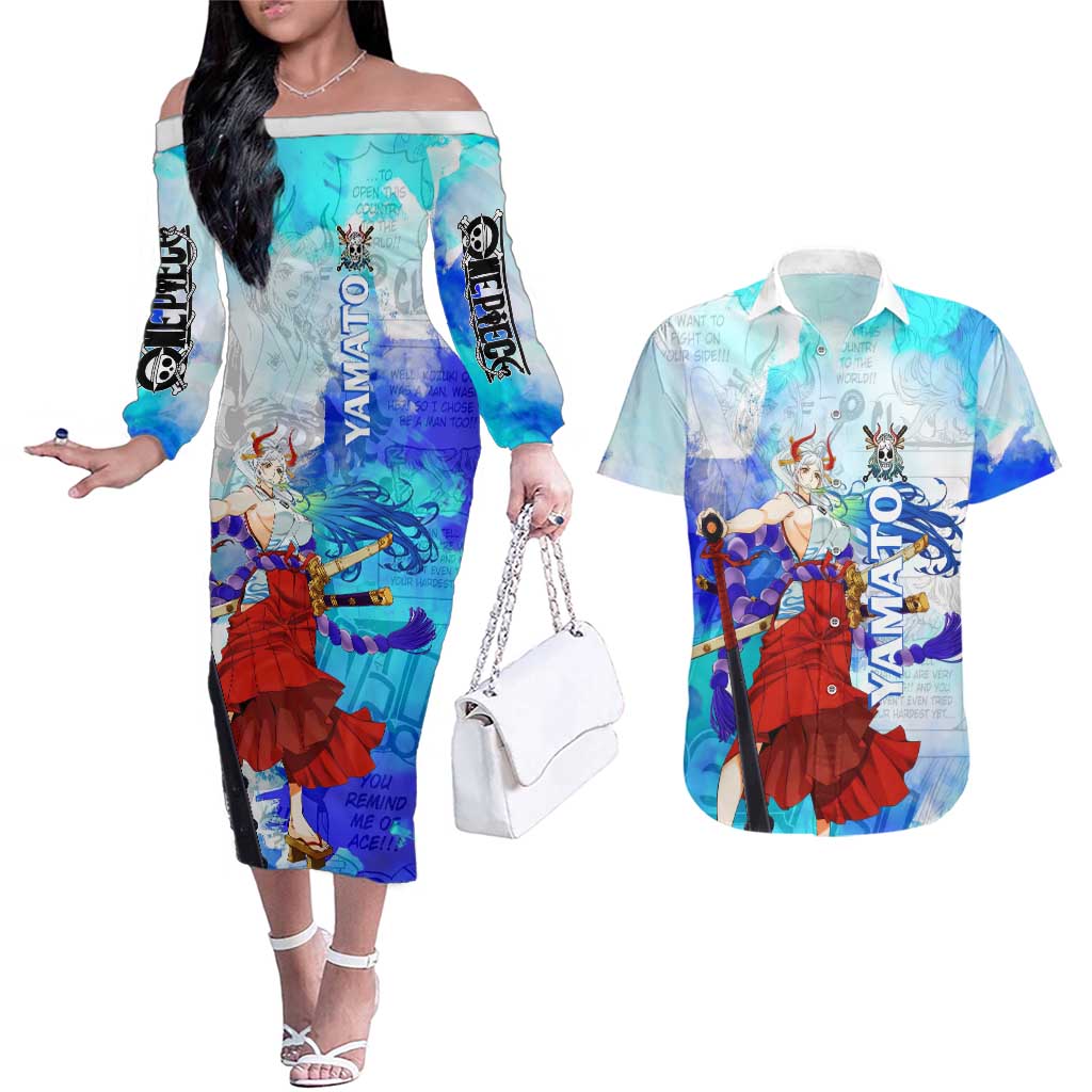 Yamato One Piece Blue Cloud Theme Couples Matching Off The Shoulder Long Sleeve Dress and Hawaiian Shirt with Manga Panels and Oni Horn Character Design - The Mazicc