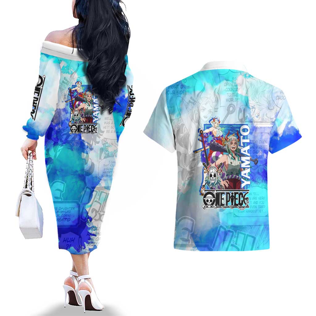 Yamato One Piece Blue Cloud Theme Couples Matching Off The Shoulder Long Sleeve Dress and Hawaiian Shirt with Manga Panels and Oni Horn Character Design - The Mazicc