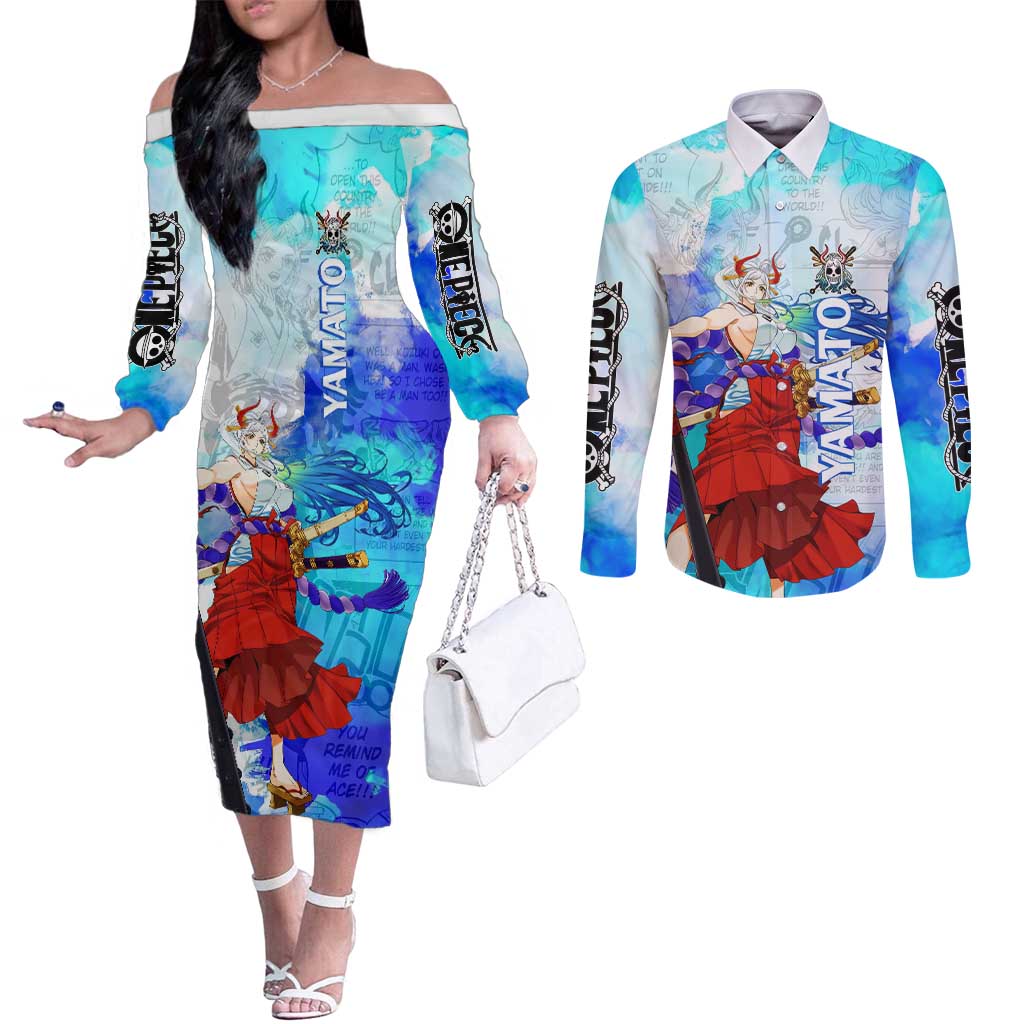 Yamato One Piece Blue Cloud Theme Couples Matching Off The Shoulder Long Sleeve Dress and Long Sleeve Button Shirt with Manga Panels and Oni Horn Character Design - The Mazicc