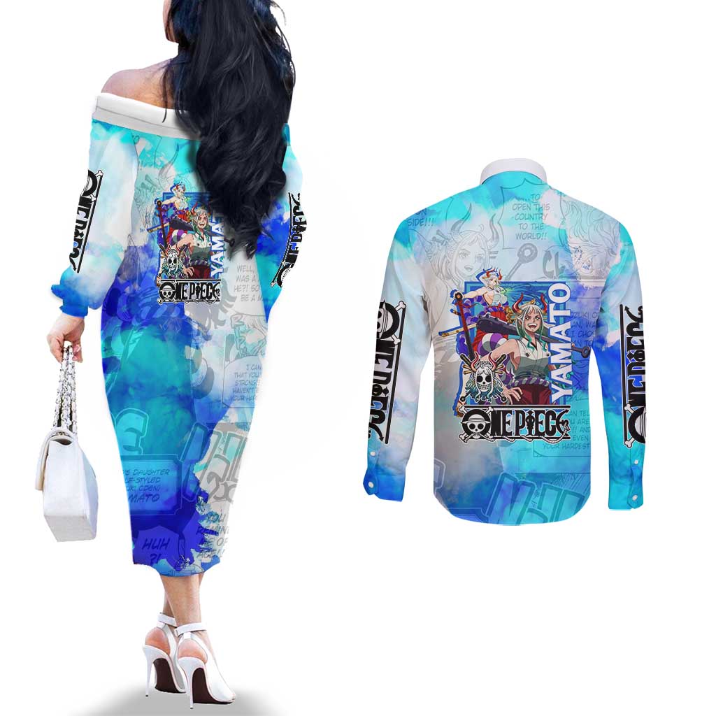 Yamato One Piece Blue Cloud Theme Couples Matching Off The Shoulder Long Sleeve Dress and Long Sleeve Button Shirt with Manga Panels and Oni Horn Character Design - The Mazicc