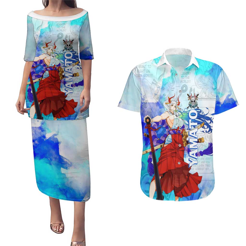 Yamato One Piece Blue Cloud Theme Couples Matching Puletasi and Hawaiian Shirt with Manga Panels and Oni Horn Character Design - The Mazicc