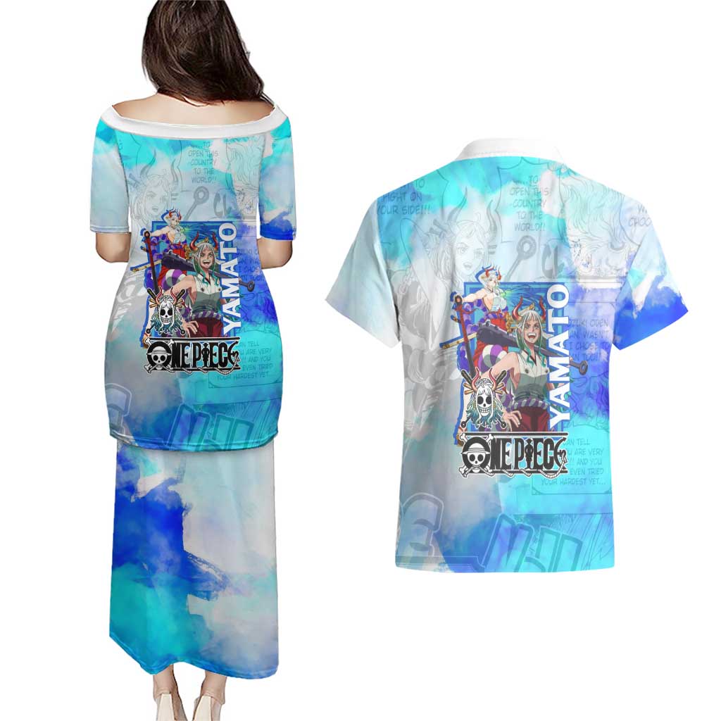 Yamato One Piece Blue Cloud Theme Couples Matching Puletasi and Hawaiian Shirt with Manga Panels and Oni Horn Character Design - The Mazicc