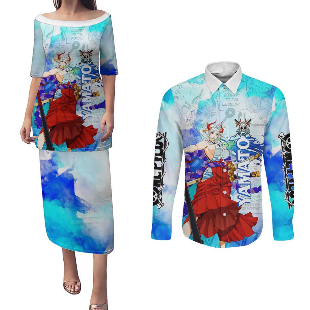 Yamato One Piece Blue Cloud Theme Couples Matching Puletasi and Long Sleeve Button Shirt with Manga Panels and Oni Horn Character Design - The Mazicc