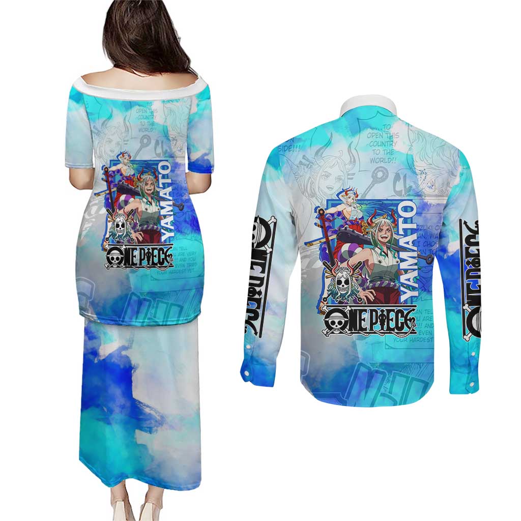 Yamato One Piece Blue Cloud Theme Couples Matching Puletasi and Long Sleeve Button Shirt with Manga Panels and Oni Horn Character Design - The Mazicc