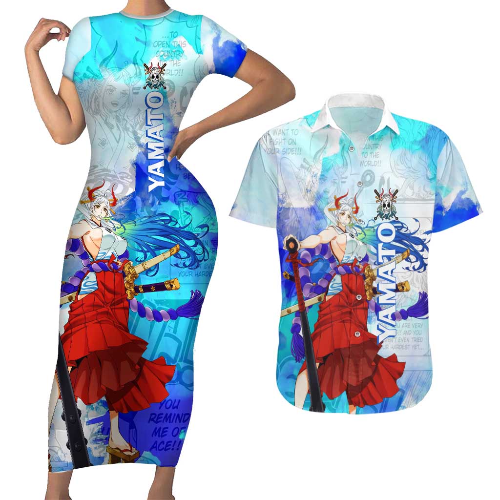 Yamato One Piece Blue Cloud Theme Couples Matching Short Sleeve Bodycon Dress and Hawaiian Shirt with Manga Panels and Oni Horn Character Design - The Mazicc