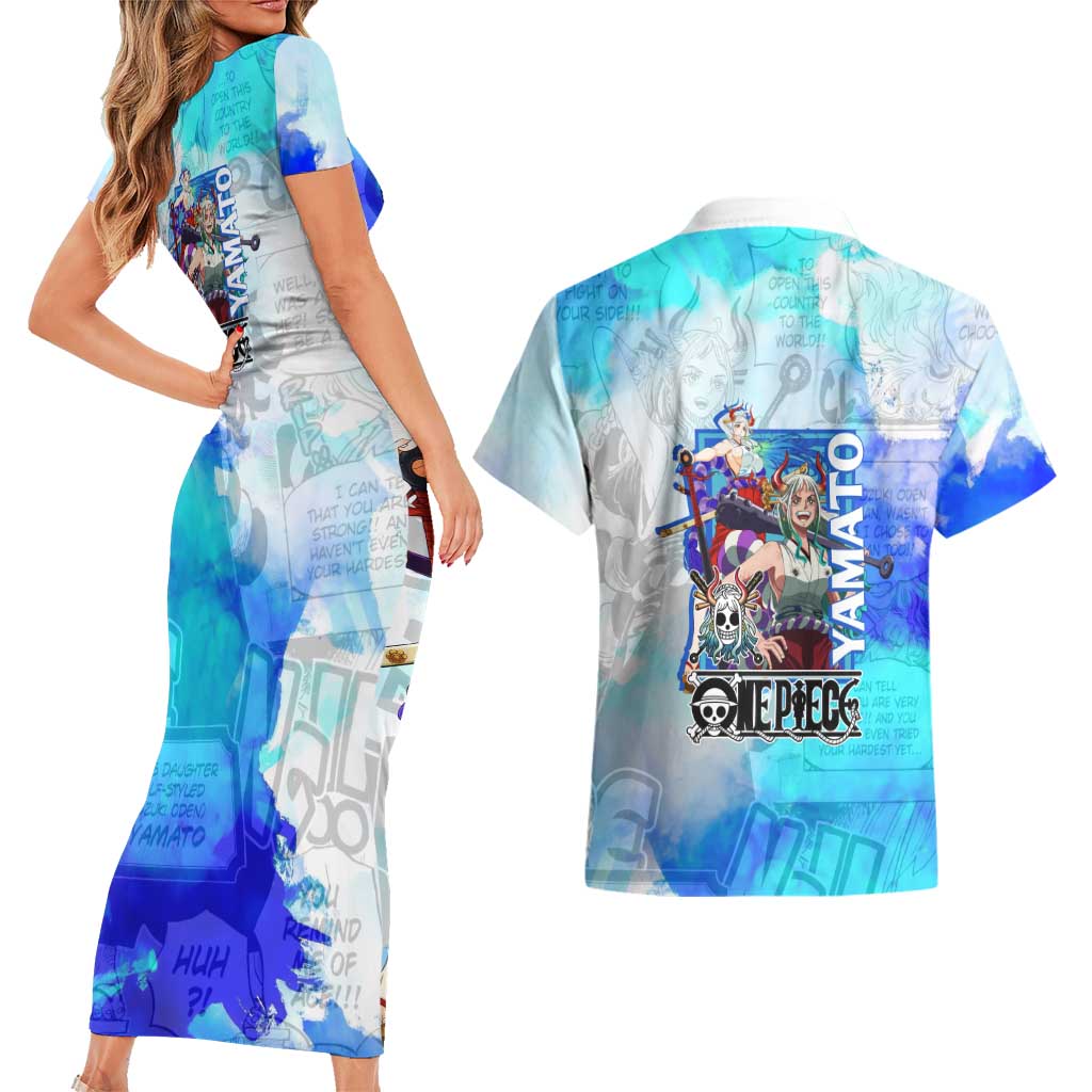 Yamato One Piece Blue Cloud Theme Couples Matching Short Sleeve Bodycon Dress and Hawaiian Shirt with Manga Panels and Oni Horn Character Design - The Mazicc
