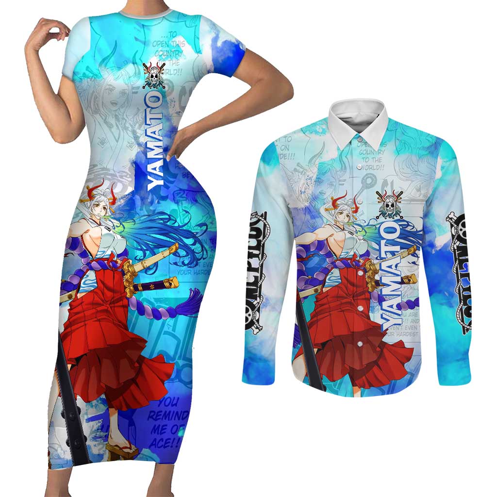 Yamato One Piece Blue Cloud Theme Couples Matching Short Sleeve Bodycon Dress and Long Sleeve Button Shirt with Manga Panels and Oni Horn Character Design - The Mazicc