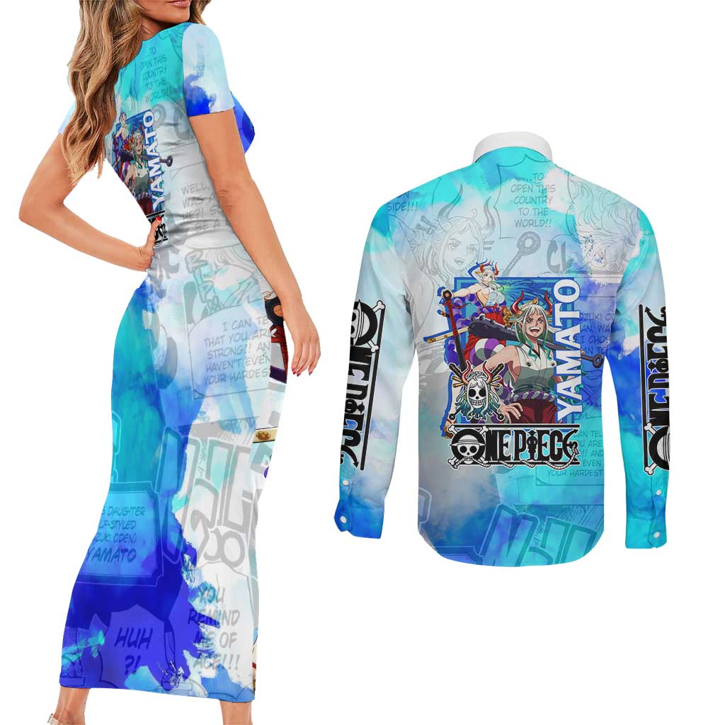 Yamato One Piece Blue Cloud Theme Couples Matching Short Sleeve Bodycon Dress and Long Sleeve Button Shirt with Manga Panels and Oni Horn Character Design - The Mazicc