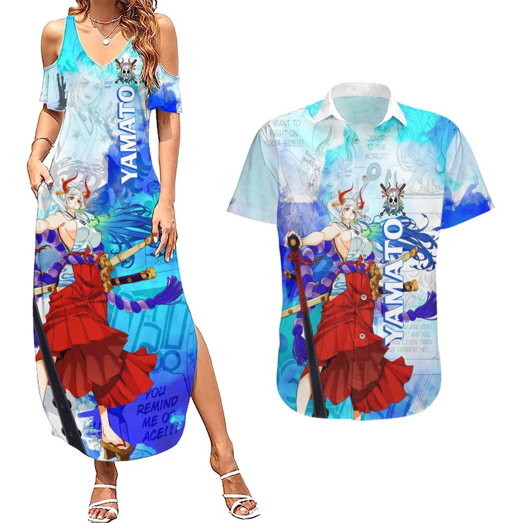 Yamato One Piece Blue Cloud Theme Couples Matching Summer Maxi Dress and Hawaiian Shirt with Manga Panels and Oni Horn Character Design - The Mazicc