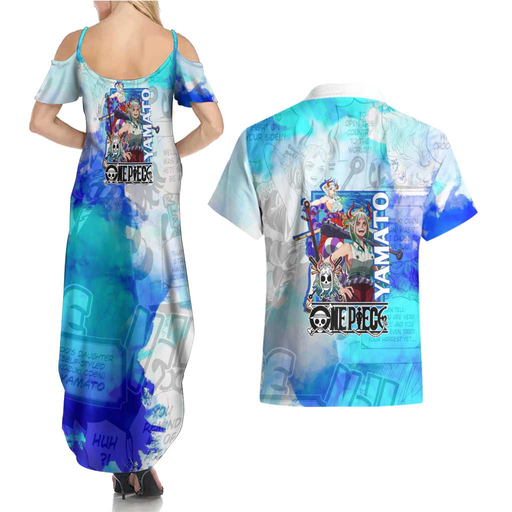 Yamato One Piece Blue Cloud Theme Couples Matching Summer Maxi Dress and Hawaiian Shirt with Manga Panels and Oni Horn Character Design - The Mazicc