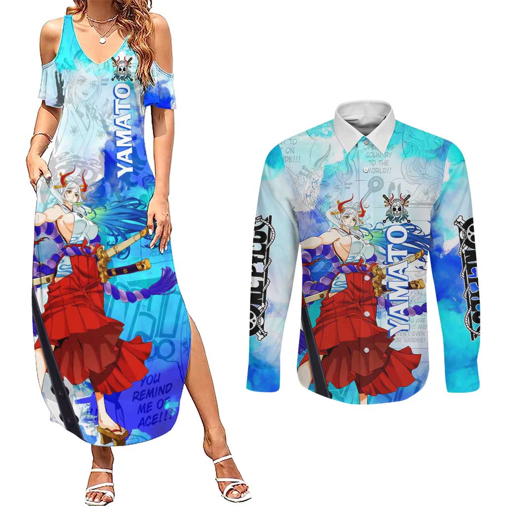 Yamato One Piece Blue Cloud Theme Couples Matching Summer Maxi Dress and Long Sleeve Button Shirt with Manga Panels and Oni Horn Character Design - The Mazicc