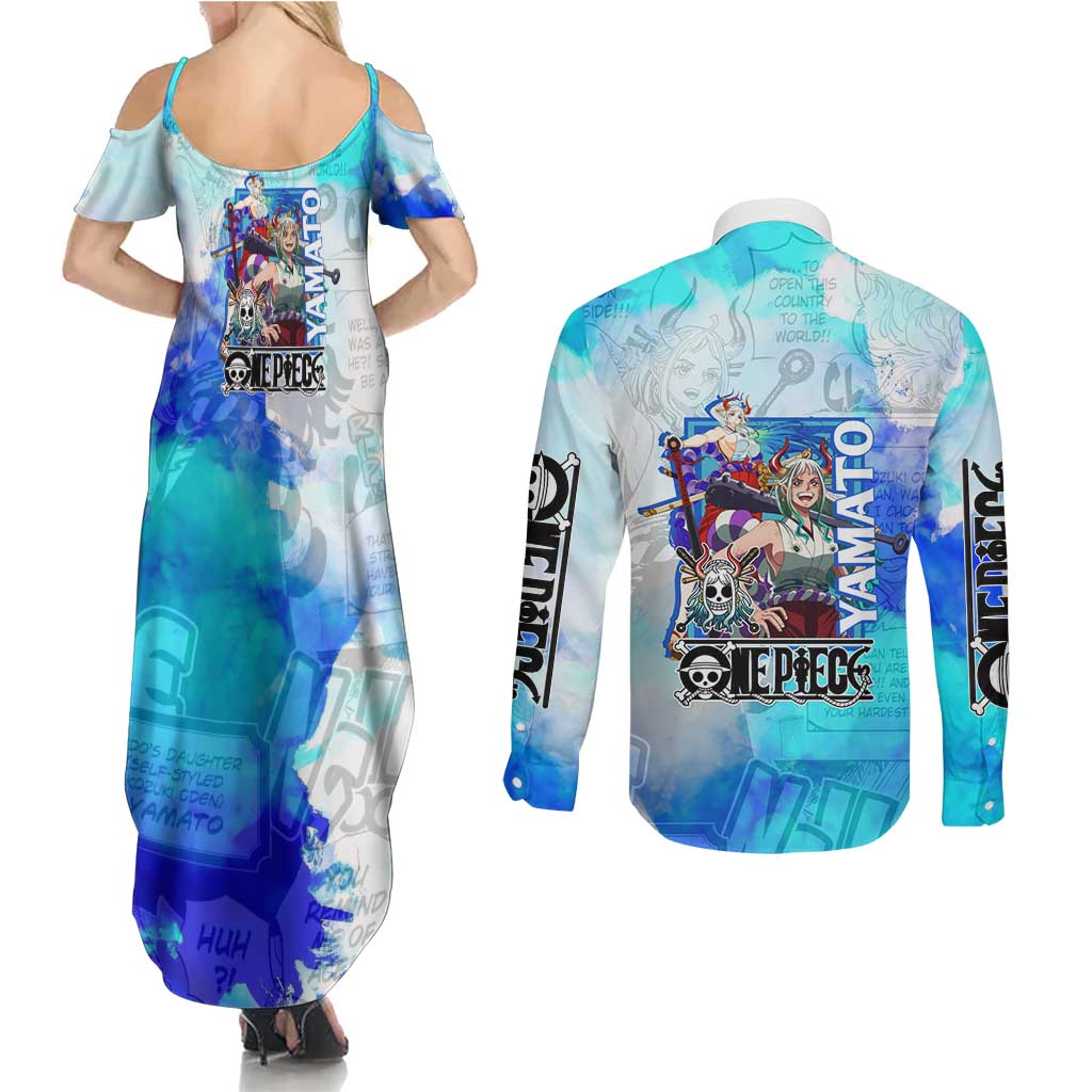 Yamato One Piece Blue Cloud Theme Couples Matching Summer Maxi Dress and Long Sleeve Button Shirt with Manga Panels and Oni Horn Character Design - The Mazicc