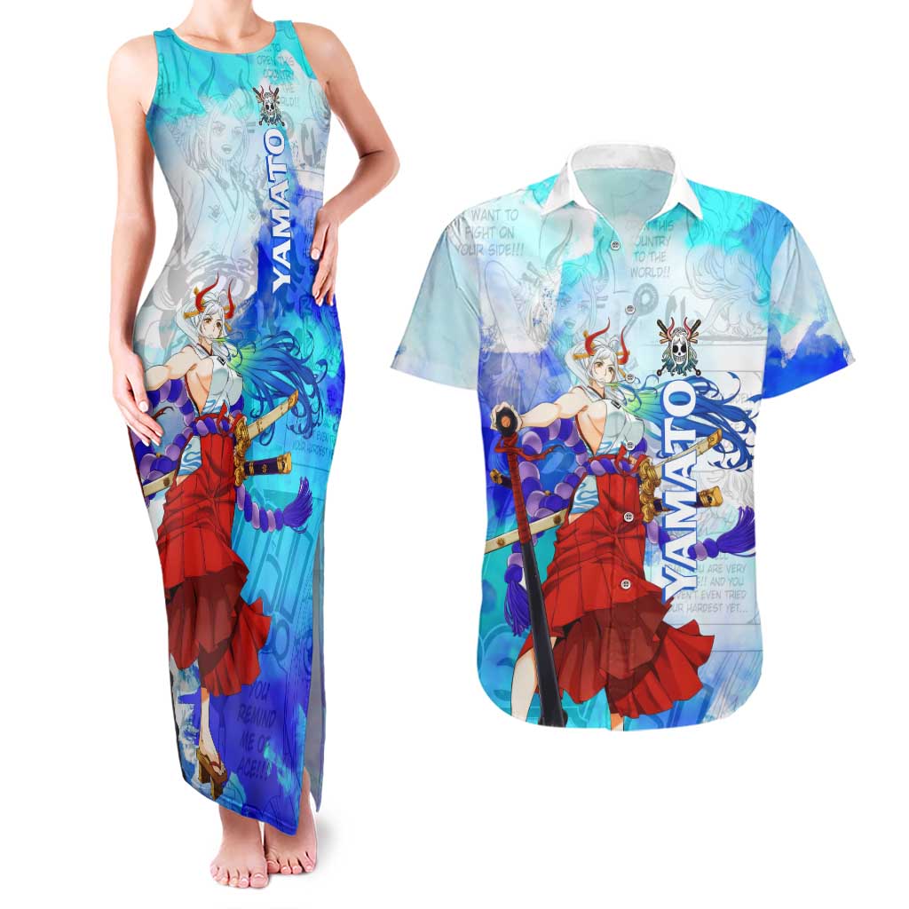 Yamato One Piece Blue Cloud Theme Couples Matching Tank Maxi Dress and Hawaiian Shirt with Manga Panels and Oni Horn Character Design - The Mazicc